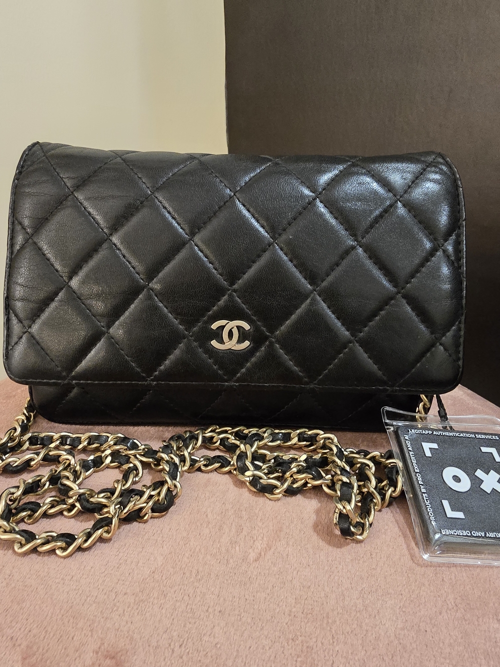 Chanel Black Quilted Lambskin Crossbody Bag with Gold Chain